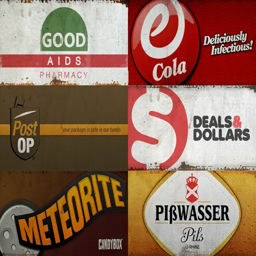 Good Aids Pharmacy، eCola، Post OP، Deals & Dollars، Meteorite Bar، Pisswasser.
