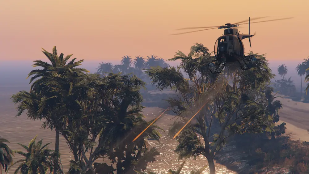 پشتیبانی هوایی دشمن با Buzzard Attack Chopper در Cayo Perico در طول The Cayo Perico Heist.