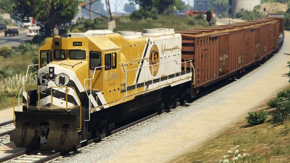 یک Freight Train که واگنهای راهآهن را میکشد، در GTA V و Online.