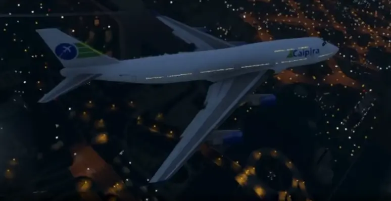 یک Jet متعلق به Caipira Airways شبهنگام با چراغهای روشن.