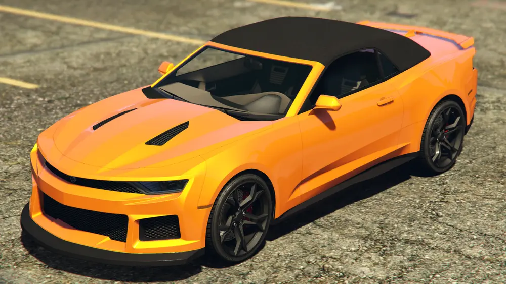 یک Vigero ZX Convertible با سقف بالا در GTA Online. (نمای زاویه عقب)