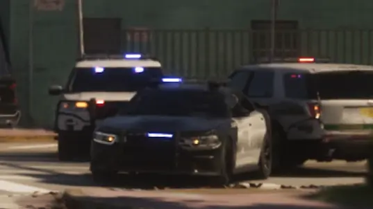 دو Montagne متعلق به VDPD پشت یک Buffalo STX Pursuit متعلق به VBPD در یک مانع جادهای پلیس.
