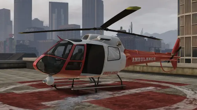 نمای کناری Police Maverick نسخهی Air Ambulance در GTA V و Online.