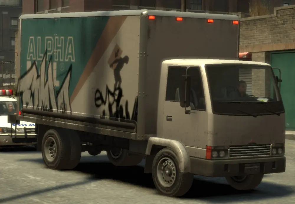 یک Mule متعلق به Alpha Mail با گرافیتی در GTA IV.