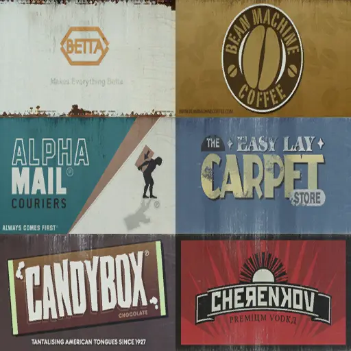 Betta Pharmaceuticals، Bean Machine Coffee، Alpha Mail Couriers، The Easy Lay Carpet Store، Candybox، Cherenkov Vodka.